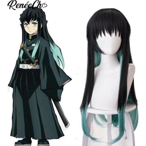 Reneecho Anime Cosplay Demon Slayer : Tokitou Muichirou Wigs Long Black Blue Gradient