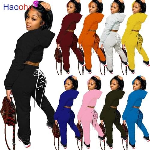 HAOOHU Two Piece Set Jumpsuit Long Sleeve Hoodies Crop Top+Back lace-up Pants Tracksuit Fall Clothing for Women Club Outfits
