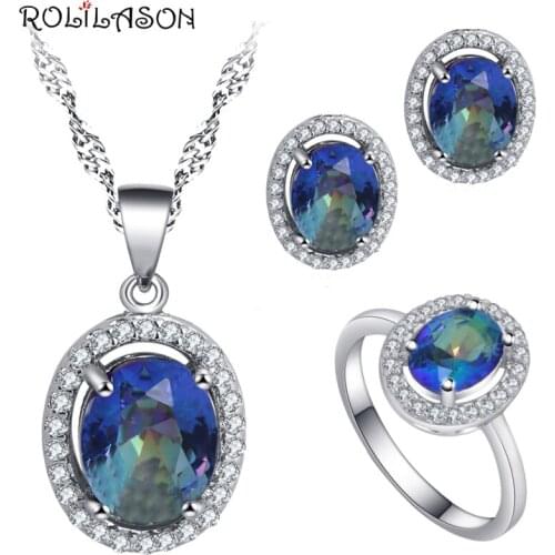 ROLILASON color 925 silver zircon earrings / necklace / ring / jewelry set ladies new business gifts womens models JS782