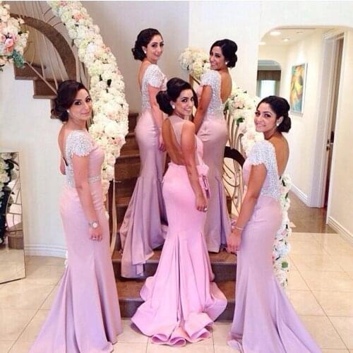 Fashion Pink Mermaid Bridesmaid Dresses Scoop Neck Maid of honor Dresses Sexy Cap Sleeves Backless For vestidos de dama de honor