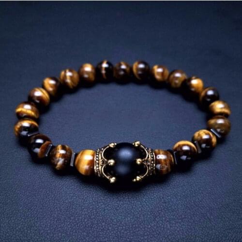 Luxury Crown Natural Tiger Eye Stone Bead Bracelets Mens Antique Charm Bracelet Jewelry Gift