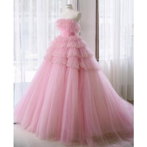 Charming Pink Puffy Tulle Ball Gowns Ruffles Tiered Sequined Long Prom Gowns Formal Party Dress Real Image Robe De Soiree