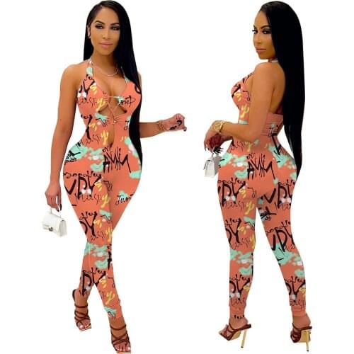 SUJYing Autumn New Fashion Sexy Close-fitting Womens New Fashion Trend Printed Suspender Jumpsuits
