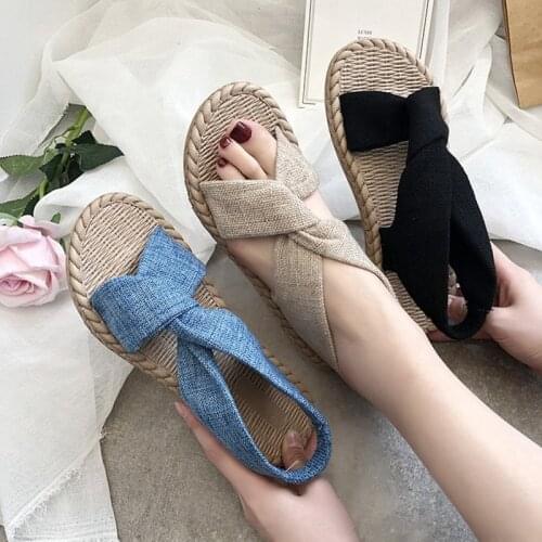 Linen Straw Sandal Woven Elastic Cross Straps Women Sandals 2021 New Summer Outdoor Wear Beach Sandals Flat Open Toe Women Shoes