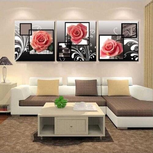 Triptych Diy Diamond Painting Pink Rose Flowers Mosaic Set Full Square Round Diamond Embroidery 3 Piece Kitchen DecorZP-4639