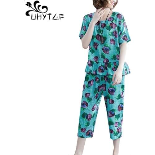 UHYTGF Summer two piece set women cotton linen printing Comfortable plus size tracksuit women elegant mom loose 2 piece set 1642