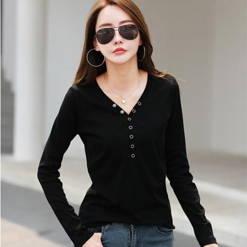 GGRIGH Autumn V-neck T Shirt Women Camisetas Mujer Cotton Ladies Slim Tops Button Long Sleeve Tee Shirt Femme korean clothes