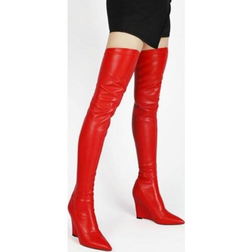 Stretch Women Boots Pu Leather Wedges High Heel Over The Knee Boots Slip On Pointed Toe Long Boots Autumn Winter Ladies Shoes