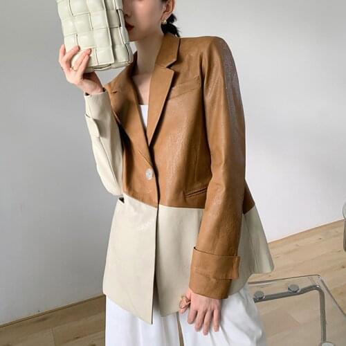 Autumn Patchwork Hit Color Leather Blazer Jacket Women Loose Ladies Brown Coat Faux Leather Jacket High Street Fashion 2021 New