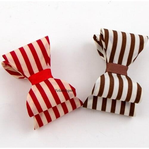 120pcs/lot 3.2" 6colors Luxe Striped Hair Bows Clips For Headbands Handmade Hard Satin Bow Ties Clip For Girls Hair Accessories