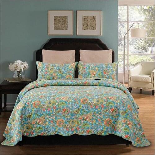 New green flowers Quilted 100% cotton Bedspread Bed Cover Bed Sheet size 230x250cm blanket Pillowcases 3pcs