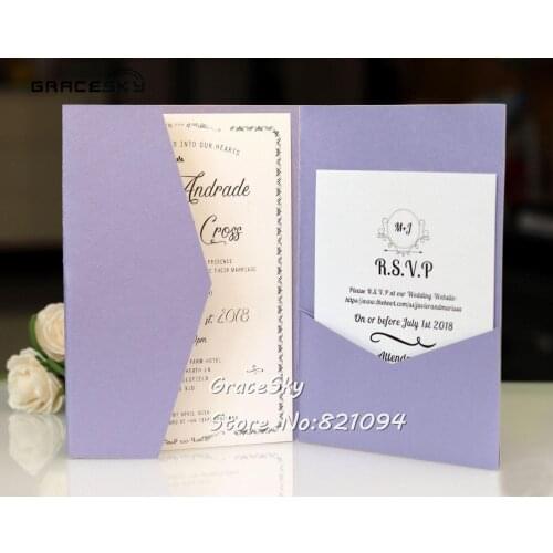 50pcs/lot Laser Cut Pure color simple Pocket Wedding Invitations Card Personalized pocket cards with RSVP Cards Wedding Supplies