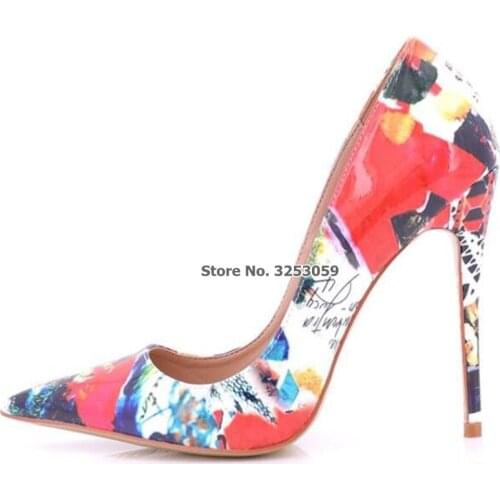 ALMUDENA Top Brand Red Blue Floral Graffiti Printed Pumps 12cm Thin High Heels Wedding Shoes Pointed Toe Shallow Pumps Dropship