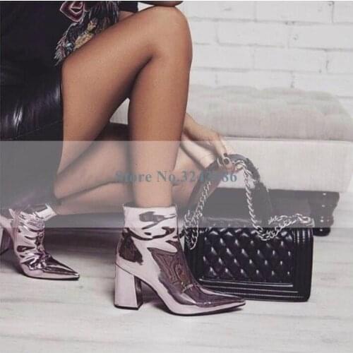 Pointed Toe Thick Heels Ankle Boots Silver Gold Black Patent Leather Fashion Women Boots Metallic Sider Zipper Night Club Shoes