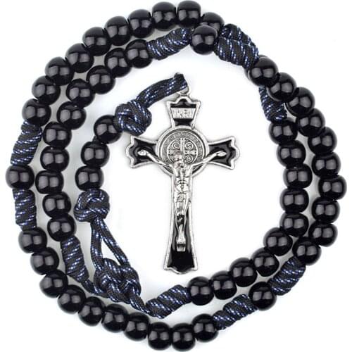 Acrylic 12mm Black Beads Catholic St Benedict Soldier Religious Cross Necklace Men Paracord Rugged Rosary