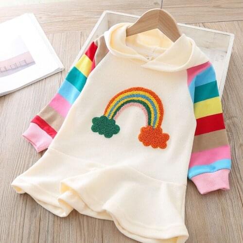 Children Dress 2020 Spring Autumn Girls Pattern Rainbow Hooded Long-Sleeve Dress For 2 3 4 5 6 Years Baby Clothes Kids Dress