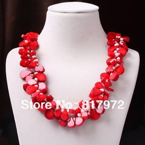 Glamour Hot Fashion Red Coral Water Drop inlay Real Pearl Bead Necklace Woman Fashion Party &6N0084