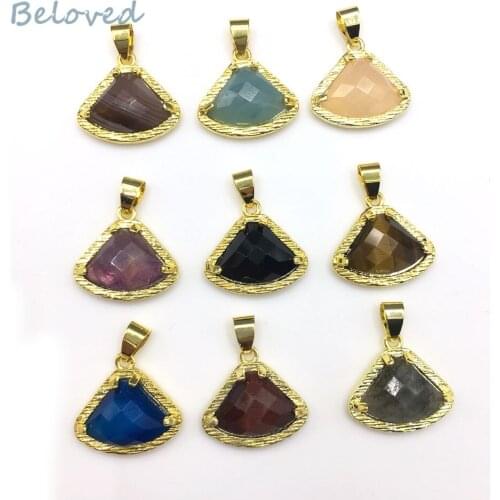 Faceted Fan Shape Turquoises Amethysts Agates Quartz Slice Pendant,Gold Color Tiger Eye Onyx Sunstone Necklace Charms, BG18335