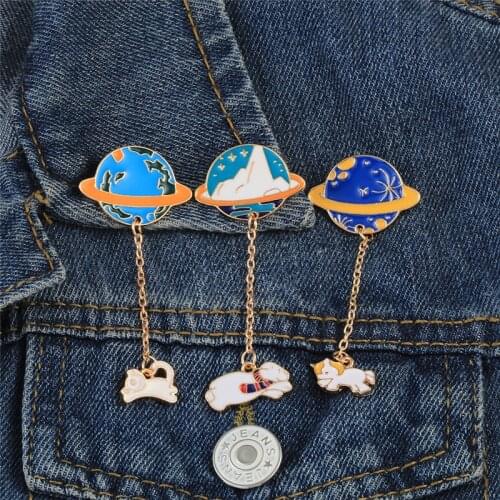 Cartoon Planet Chain Brooches Cute Funny Earth Animal Enamel Pins Denim Jackets Lapel Metal Badges Jewelry Gifts for Best Friend