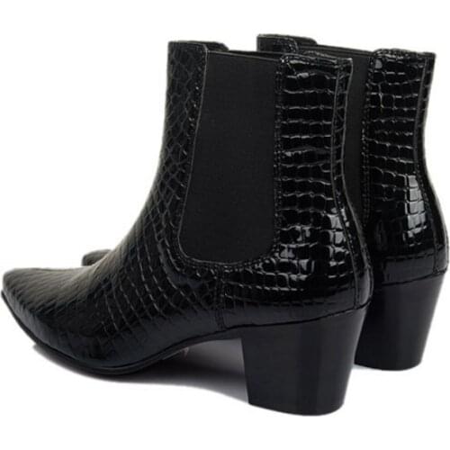 Punk Style Mens Block High Heels Chelsea Boots Rock Slip On Loafers Gothic High Top Cow Real Leather Pointed Toes Ankle Boots