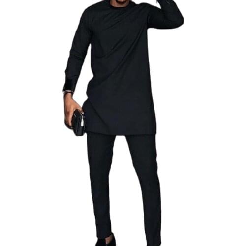 Man Shirts Matching Pants African Fashion Solid Black Tops+Trousers Custom Made Mens Outfits African Pant Set Party Clothes