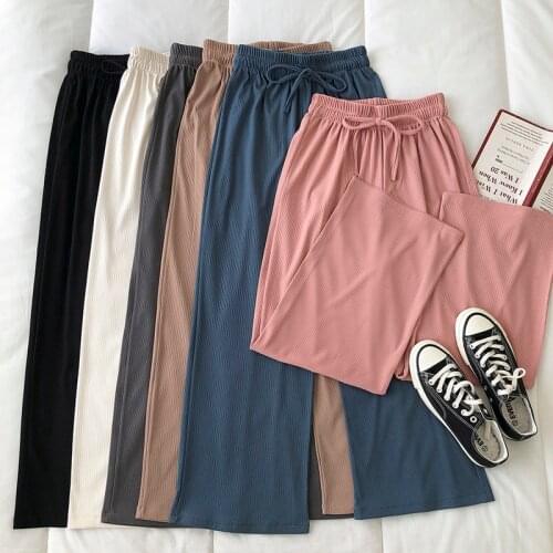 2021 New Solid Color Elastic High Waist Casual Pants Spring Autumn Womens Wide-leg Pants Korean Loose Female Ice Silk Trousers