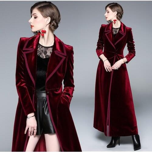 New Trendy Burgundy Long Sleeves Fashion Fall Winter Sweet Long Dresses Overcoat Slim Casual Trench Coat For Women With Pocket