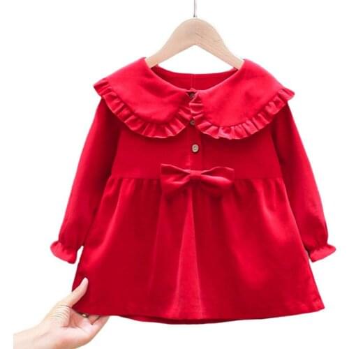 2021 Autumn Winter Baby Girls Clothes Brand Long Sleeve Corduroy Dress For Kids Cute Doll Collar With Bowknot Dresses