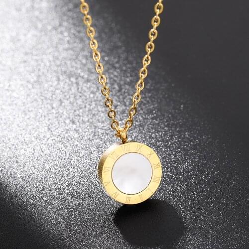 Trendy Titanium Steel Roman Numerals Pendant Necklace for Women Black and White Shell Jewelry