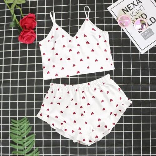 Women Sexy Lingerie set ruffle Crop Top shorts pajamas set heart print sleepwear Satin pijama nightwear pyjama femme Night suit