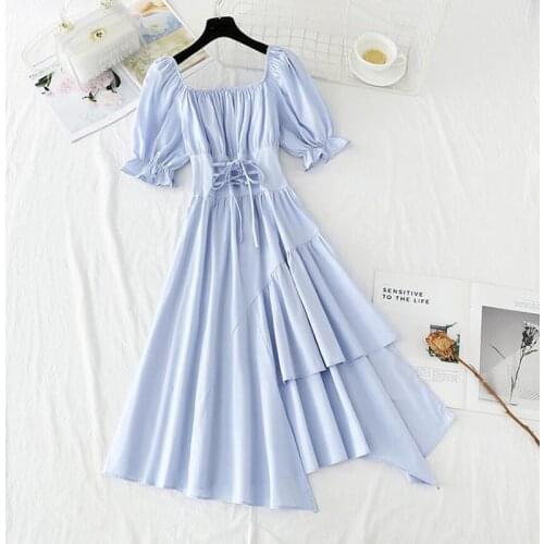 2021 Summer Vintage Solid color Women Dress Elegant Slash Neck Short Sleeve Ruffle Irregular Dresses High waist Bandage Vestidos