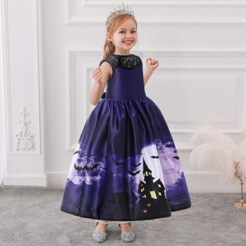 Girls Dresses Vampire Costume Kids Girl Halloween Dresses Lace Witch Pumpkin Lantern Print Cosplay Party Dress