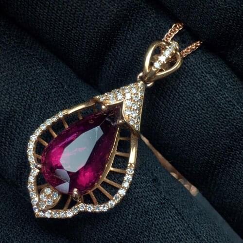 Tourmaline Pendant Fine Jewelry Real 18 K Gold 100% Natural Rubi Tourmaline 5.6ct Gemstones Diamond Pendant Necklace