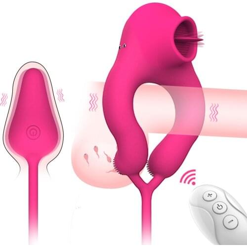 Remote Control Tongue Licking Clitoral Stimulator Anal Plug Vibrating Egg Lock Sperm Ring Male Delayed Ejaculation Sex Toy