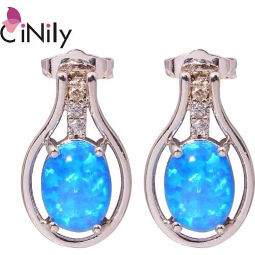 CiNily Created Blue Fire Opal Cubic Zirconia Silver Plated Wholesale Fashion For Women Jewelry Stud Earrings 16mm OH3548