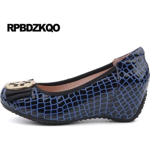 Hidden patent leather round toe luxury brand shoes women increase medium heels wedge size 33 fashion genuine snakeskin metal