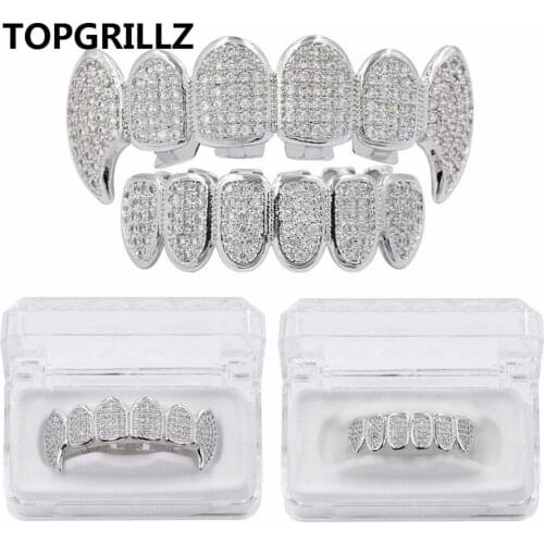 TOPGRILLZ New Fit Silver Plated CZ Micro Pave Top & Bottom GRILL SET Rhodium Teeth Grills Vampire Tooth Grillz