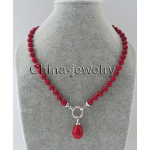 18" 8mm red coral color south sea shell pearl necklace + 20mm shell pendant
