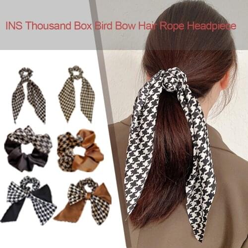 Women Girls Ribbon Bowknot Elastic Hair Bands Houndstooth Printing Scrunchies Patchwork Headband Hair Ties Ponytail Holder Hair
