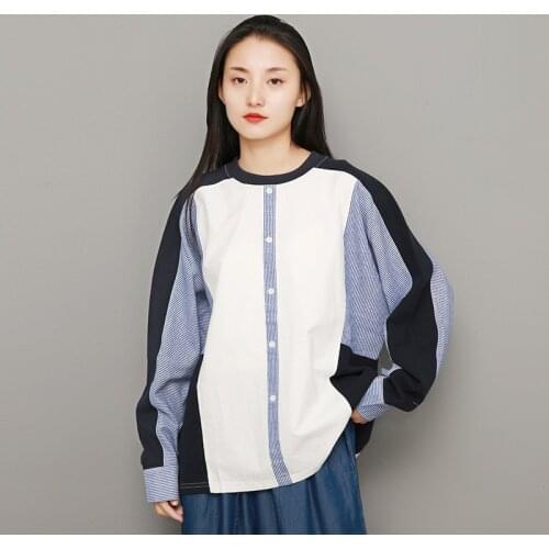 Plus Size Striped Patchwork Tops T-Shirt Women Autumn Casual Loose Tee Shirt Oversized Long Sleeve Vintage Female Tunic AA5138
