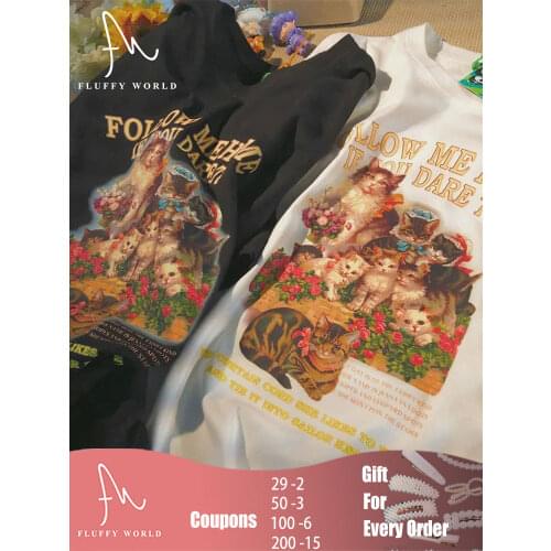 100% Cotton Women Black and White Cute Cat Printing Tops 2021 Summer Casual Oversized T-shirts Ulzzang Streetwear Harajuku Tees