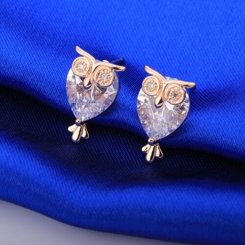 Rose Gold Stud Earring for Women Fashion Jewelry Accessories Cute Lovely Animal Owl Crystal Earrings Birthday Party Gift