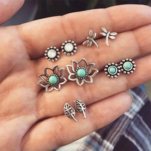 KISSWIFE 5 Pairs/Set Boho Hollow Dragonfly Lotus Geometric Stud Earrings Women Silver Color Earrings Set Combination