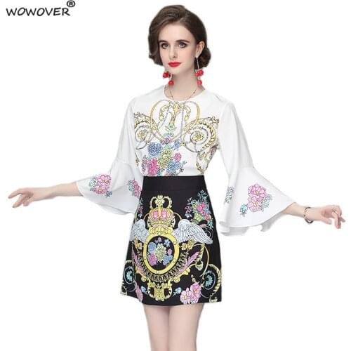 Summer Fashion Runway Two Piece Set Women Elegant Vintage Print Flare Sleeve Shirt and Empire Skirt Suit Holiday Outfits