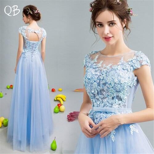 Blue A-line 3D Flowers Lace Appliques Pearls Elegant Long Elegant Evening Dresses Bride Banquet Party Prom Dress XK86