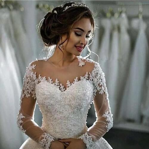 Luxury Long Sleeve Wedding Dress Sequins Lace Tulle Plus Size Elegant Vintage O-Neck Button Back Illusion Bride Gowns For Woman