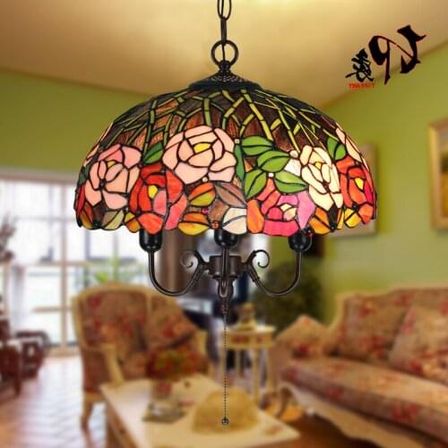 16inch Tiffany Flower Stained Glass Suspended Luminaire E27 110-240v Chain Pendant Lights For Home Parlor Dining Room luminaire