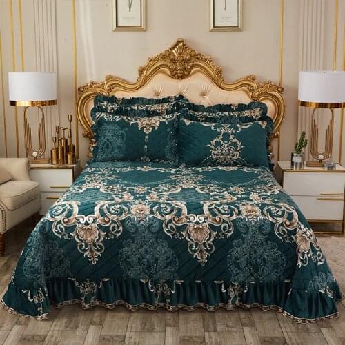 New European style Quilting velvet Bed Skirt Bedspread Bed Sheet Bed Cover Pillowcase Bedding Set 3pcs