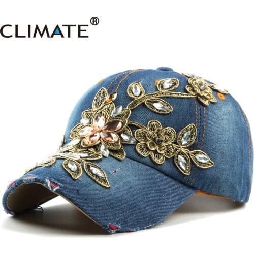 CLIMATE Women Flower Denim Baseball Cap Hat Women Fashion Caps Floral Denim Jeans Wear Cap Women Cool Hat Caps for Women Girls