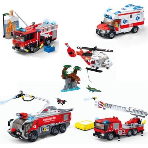 City Medical Ambulance Rescue Truck Emergency Ladder Airport Fire Station Building Blocks Kit Bricks Kids Toys For Children Gift